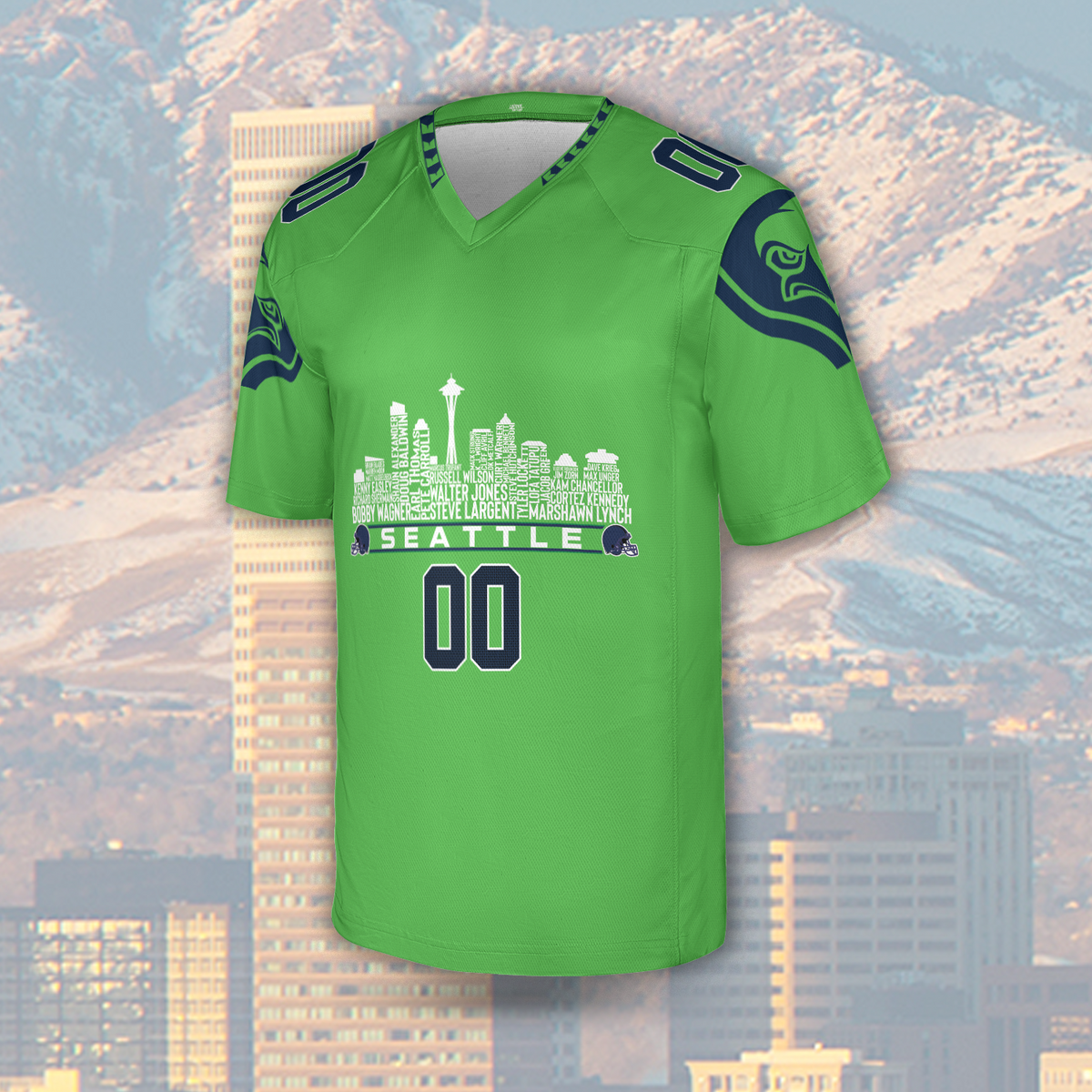 Seattle Custom Football Jersey Greatest Of All Time Team Legends Seattle City Skyline Shirt Personalized Embroidery Name Number
