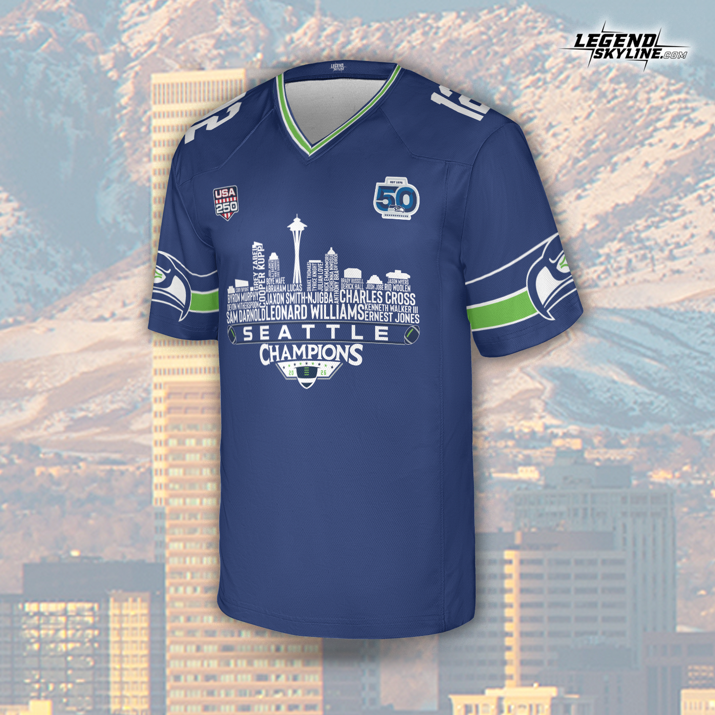 Seattle Custom Blue Jersey Champions LX Football 2026 Bowl Dream Team Seattle Skyline Personalized Embroidery Name Number