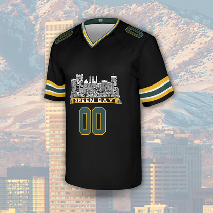 Green Bay Jersey Custom Football Greatest Of All Time Team Legends Green Bay City Skyline Jersey Shirt Personalized Embroidery Name NumberGreen Bay