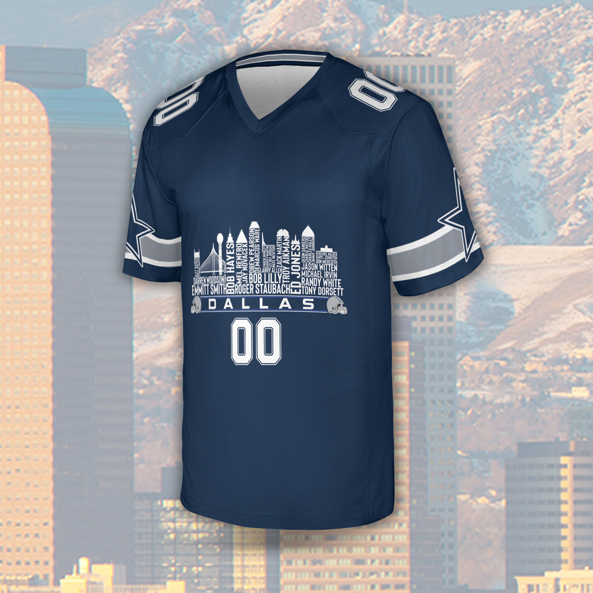 Dallas Custom Football Jersey Greatest Of All Time Team Legends Dallas City Skyline Shirt Personalized Embroidery Name Number