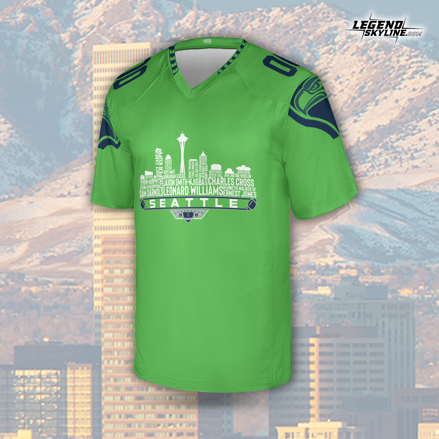 Seattle Football Jersey Custom Legacy Roster 2025 Seattle City Skyline Personalized Embroidery Name Number Shirts