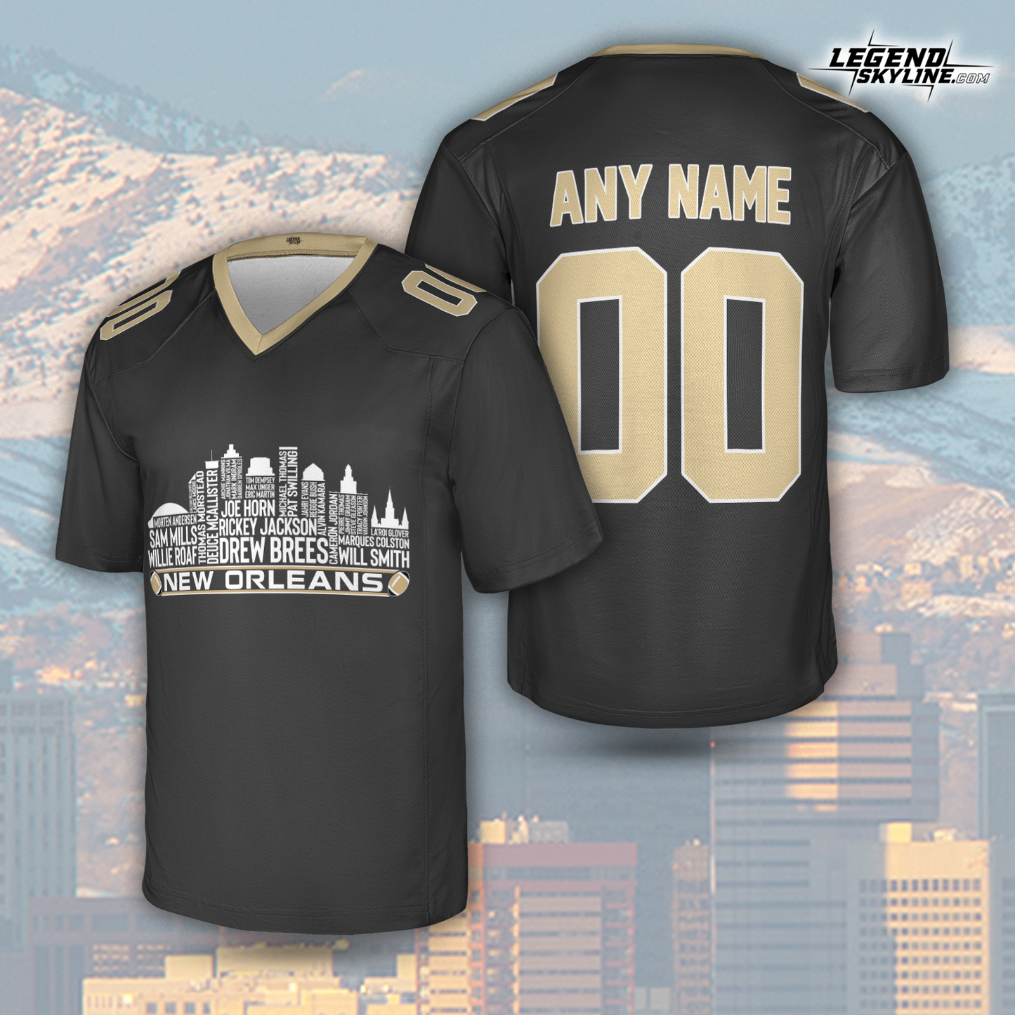 New Orleans Jersey Custom Football Greatest Of All Time Team Legends New Orleans City Skyline Jersey Shirt, Personalized Embroidery Name Number