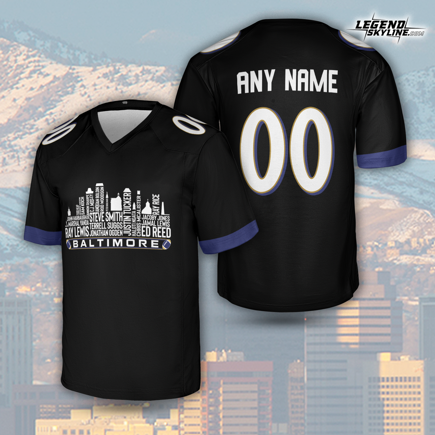 Baltimore Jersey Custom Football Greatest Of All Time Team Legends Baltimore City Skyline Jersey Shirt, Personalized Embroidery Name Number