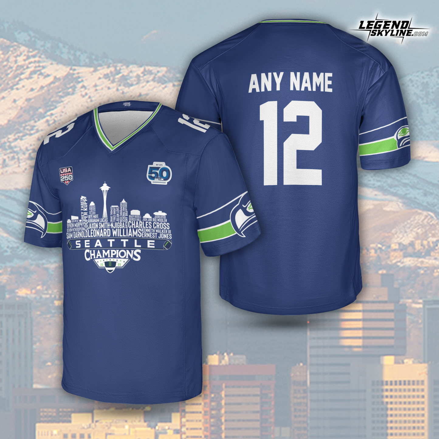 Seattle Custom Blue Jersey Champions LX Football 2026 Bowl Dream Team Seattle Skyline Personalized Embroidery Name Number