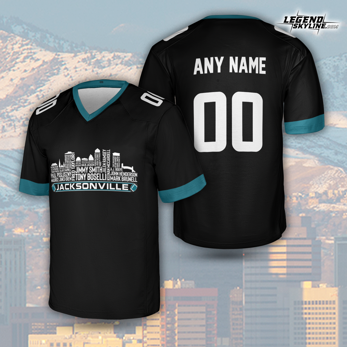 Jacksonville Jersey Custom Football Greatest Of All Time Team Legends Jacksonville City Skyline Jersey Shirt, Personalized Embroidery Name Number
