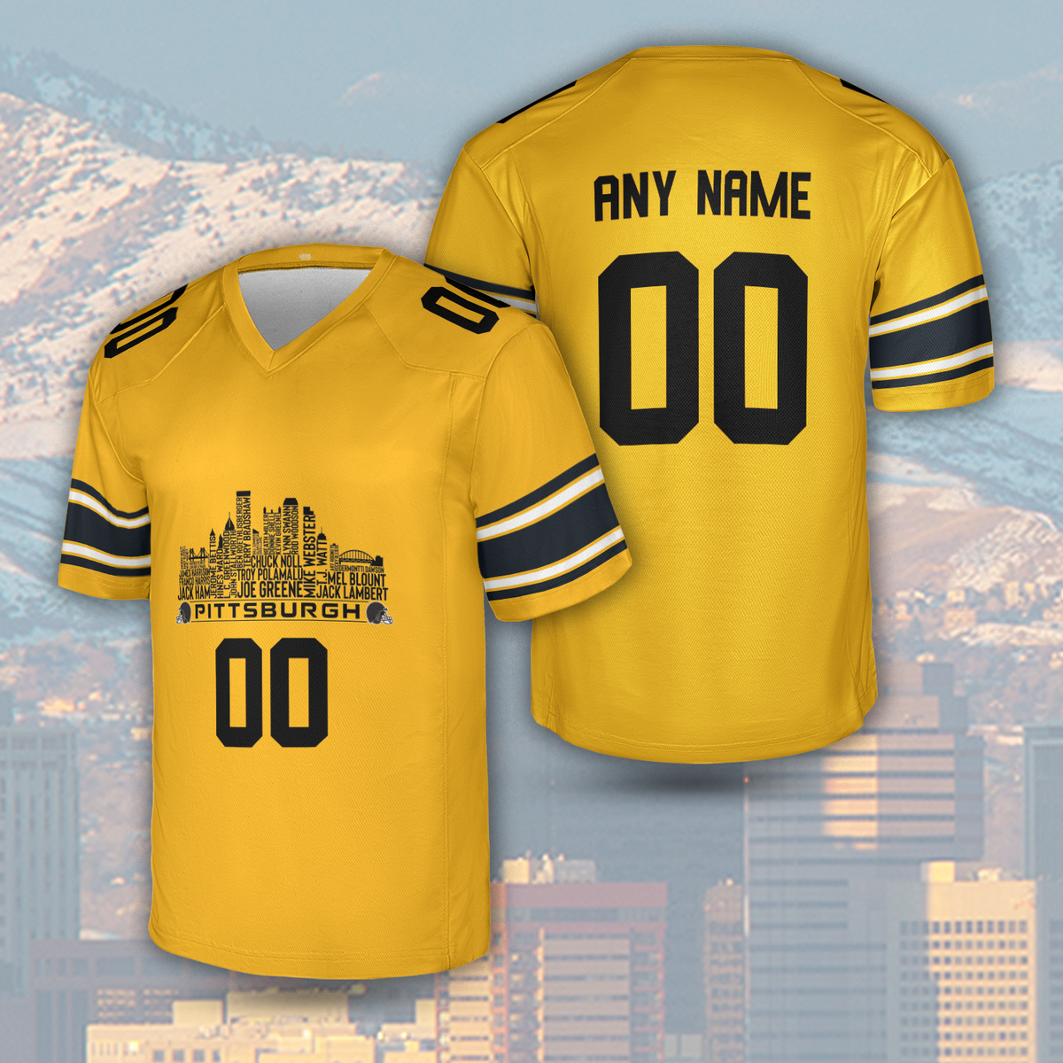Pittsburgh Custom Football Jersey Greatest Of All Time Team Legends Pittsburgh City Skyline Shirt Personalized Embroidery Name Number
