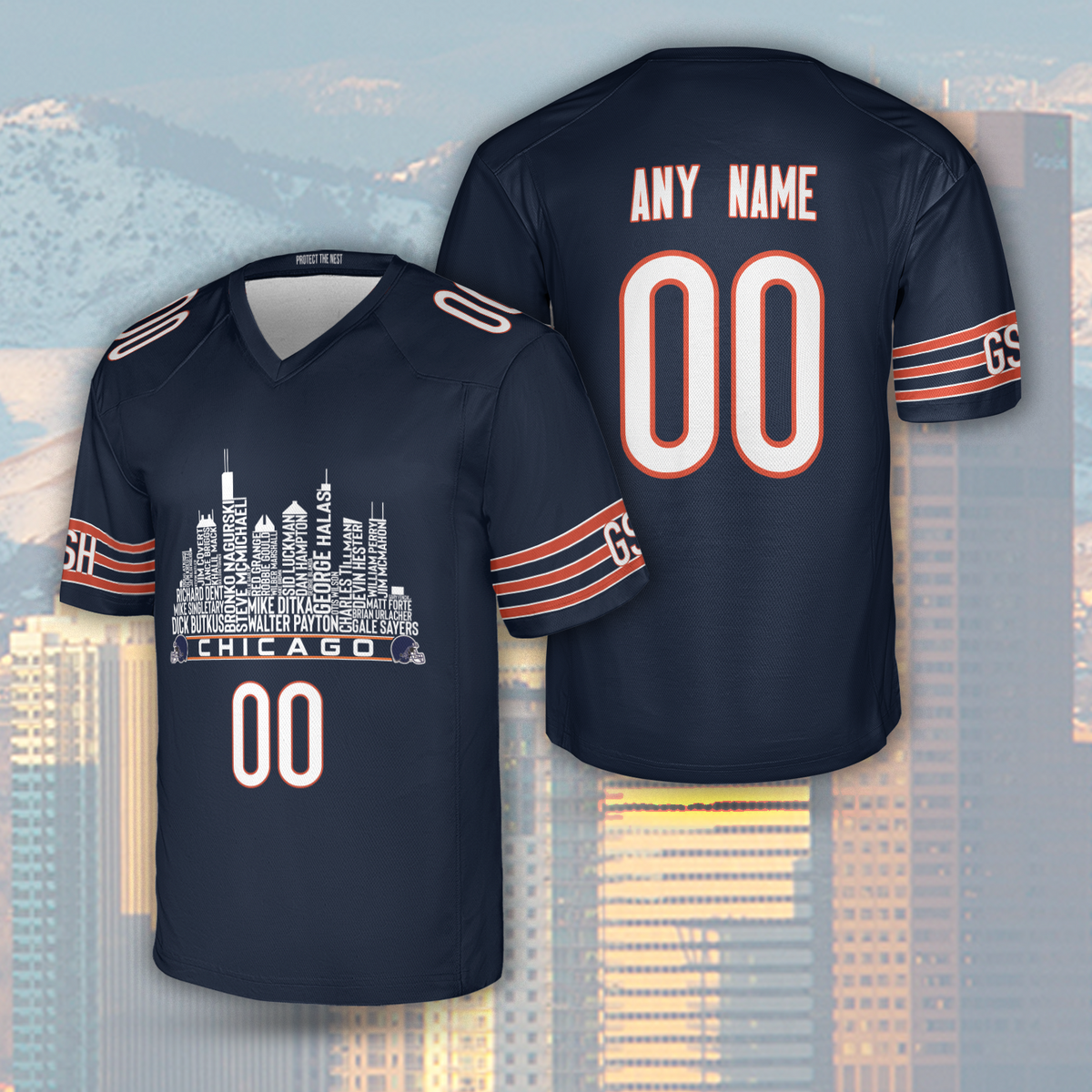 Chicago Jersey Custom Football Greatest Of All Time Team Legends Chicago City Skyline Jersey Shirt, Personalized Embroidery Name Number
