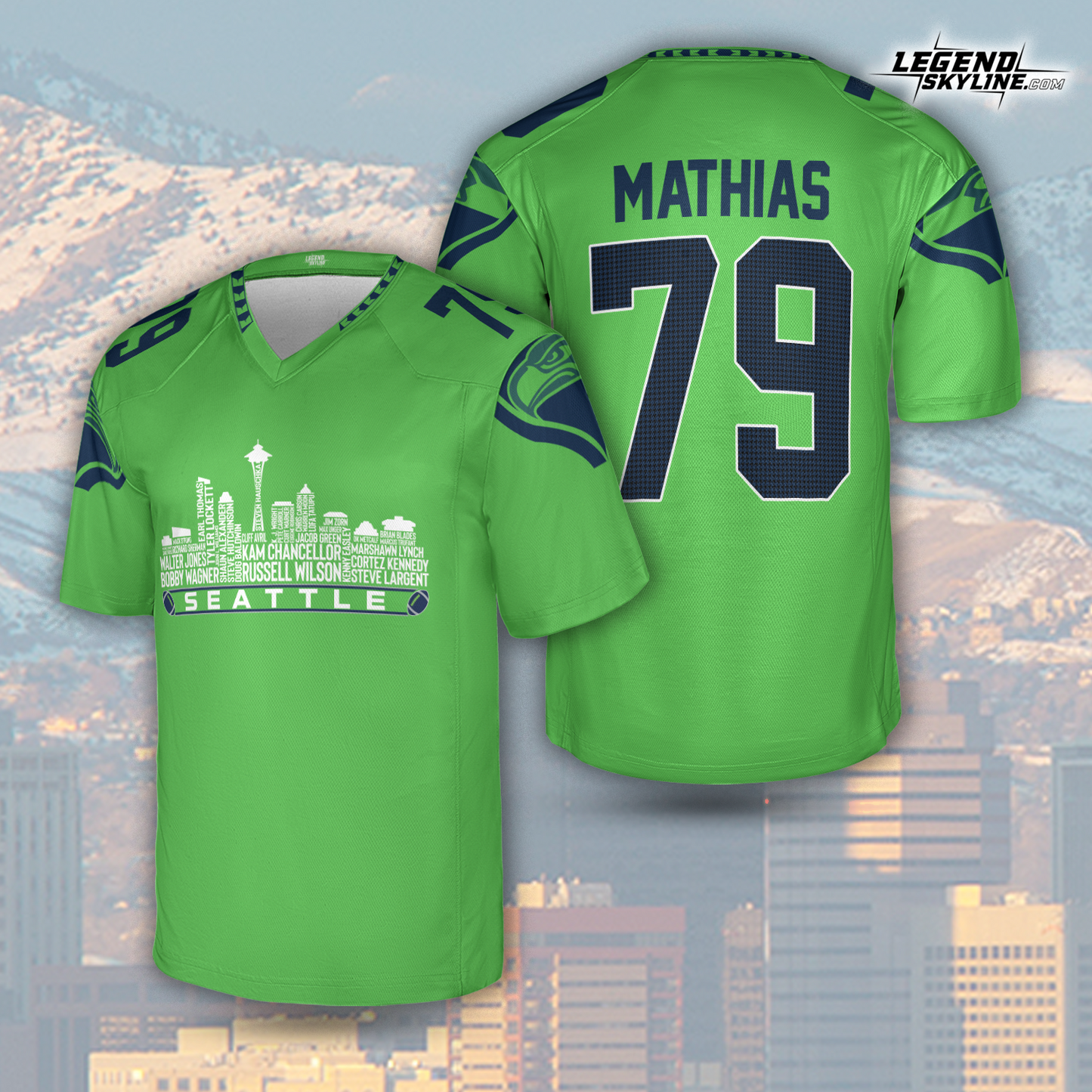 Seattle Custom Football Jersey Greatest Of All Time Team Legends, Seattle City Skyline Shirt, Personalized Embroidery Name Number