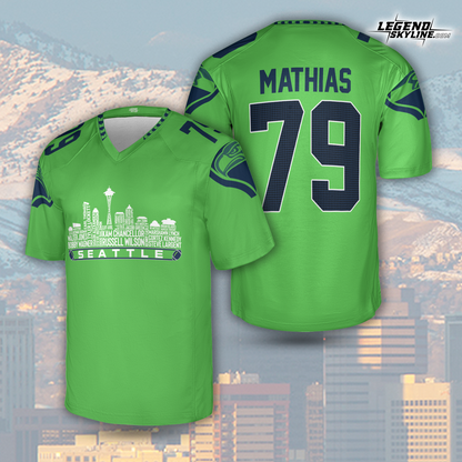 Seattle Custom Football Jersey Greatest Of All Time Team Legends, Seattle City Skyline Shirt, Personalized Embroidery Name Number