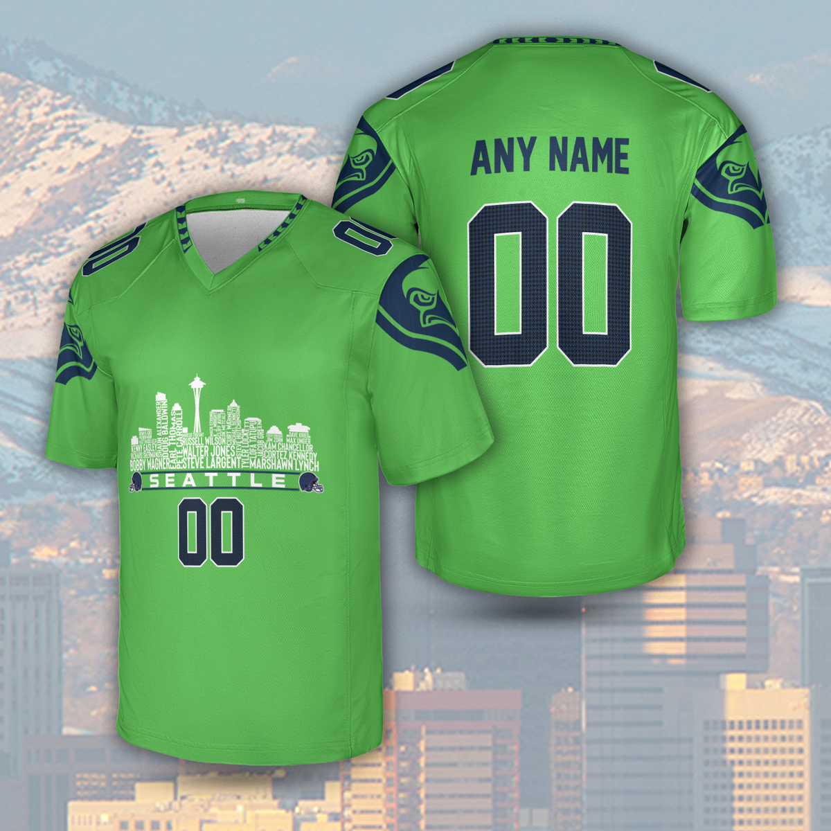 Seattle Custom Football Jersey Greatest Of All Time Team Legends Seattle City Skyline Shirt Personalized Embroidery Name Number