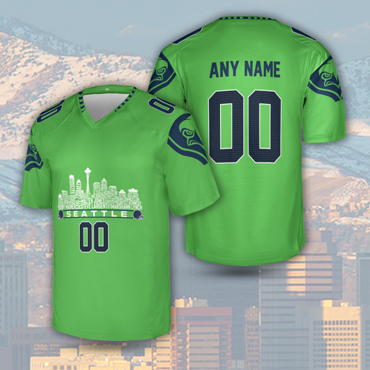 Seattle Custom Football Jersey Greatest Of All Time Team Legends Seattle City Skyline Shirt Personalized Embroidery Name Number