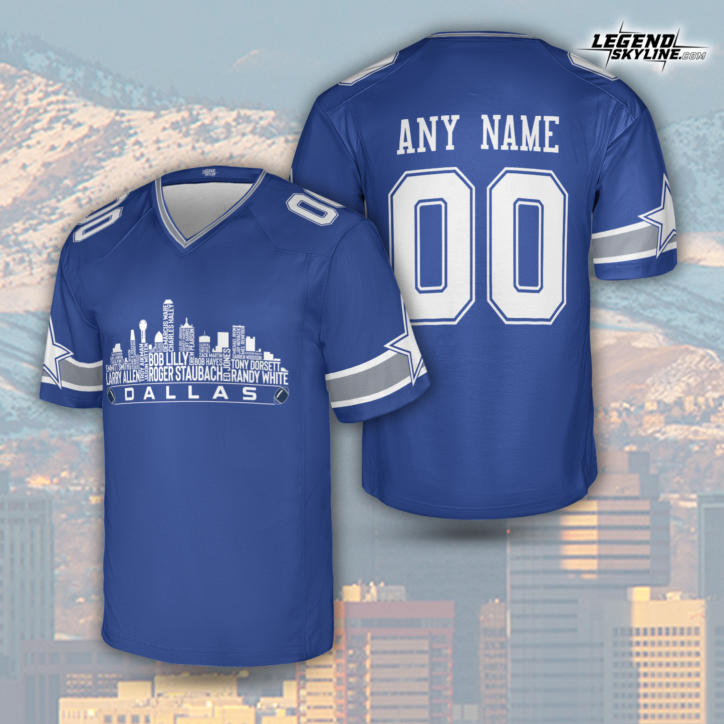 Dallas Custom Football Jersey Greatest Of All Time Team Legends, Dallas City Skyline Shirt, Personalized Embroidery Name Number