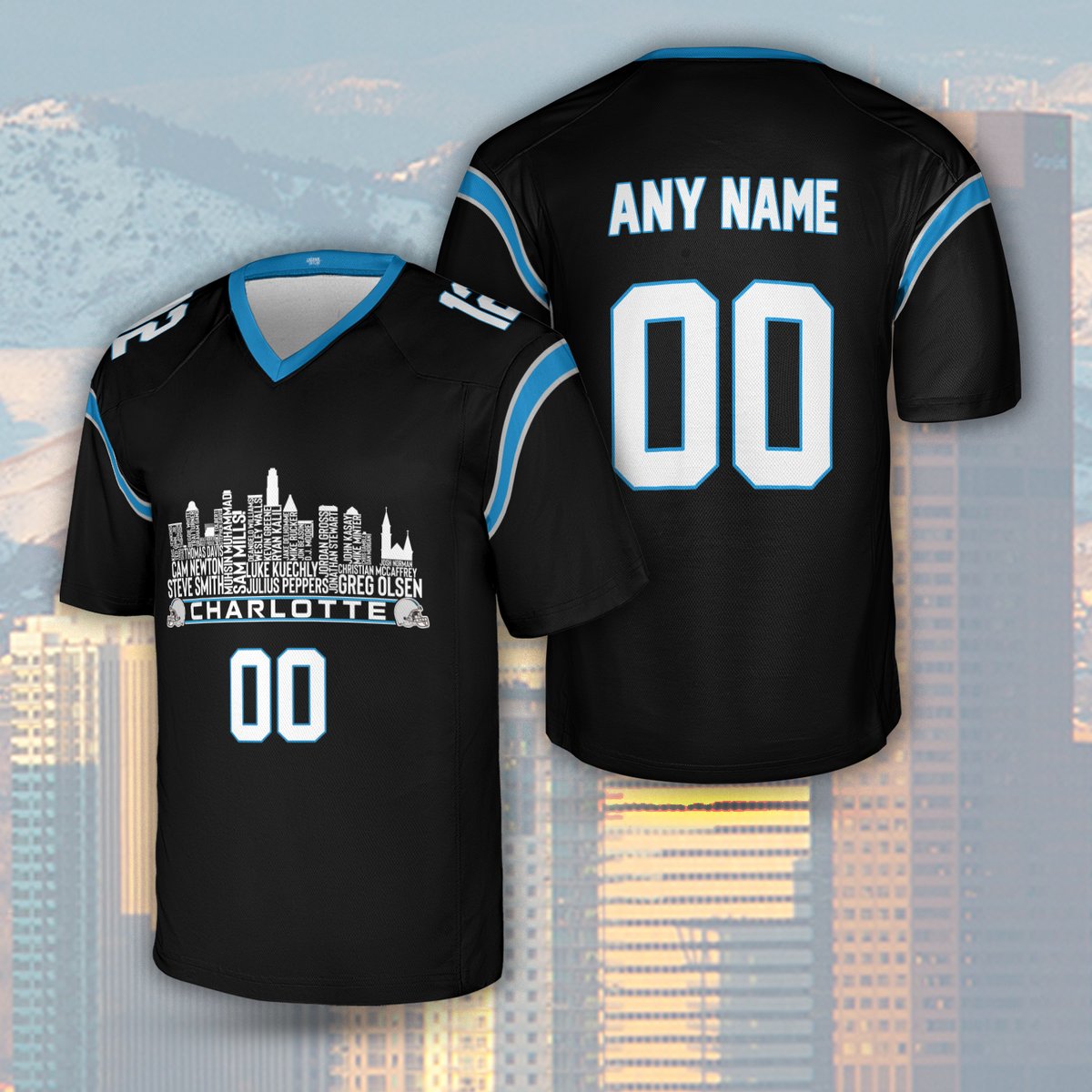 Carolina Jersey Custom Football Greatest Of All Time Team Legends Charlotte City Skyline Jersey Shirt Personalized Embroidery Name Number