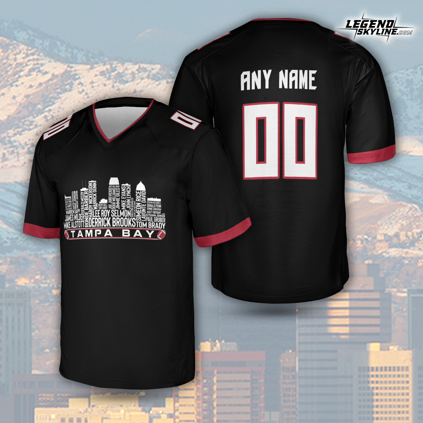 Tampa Bay Custom Football Greatest Of All Time Team Legends Tampa Bay City Skyline Jersey Shirt, Personalized Embroidery Name Number