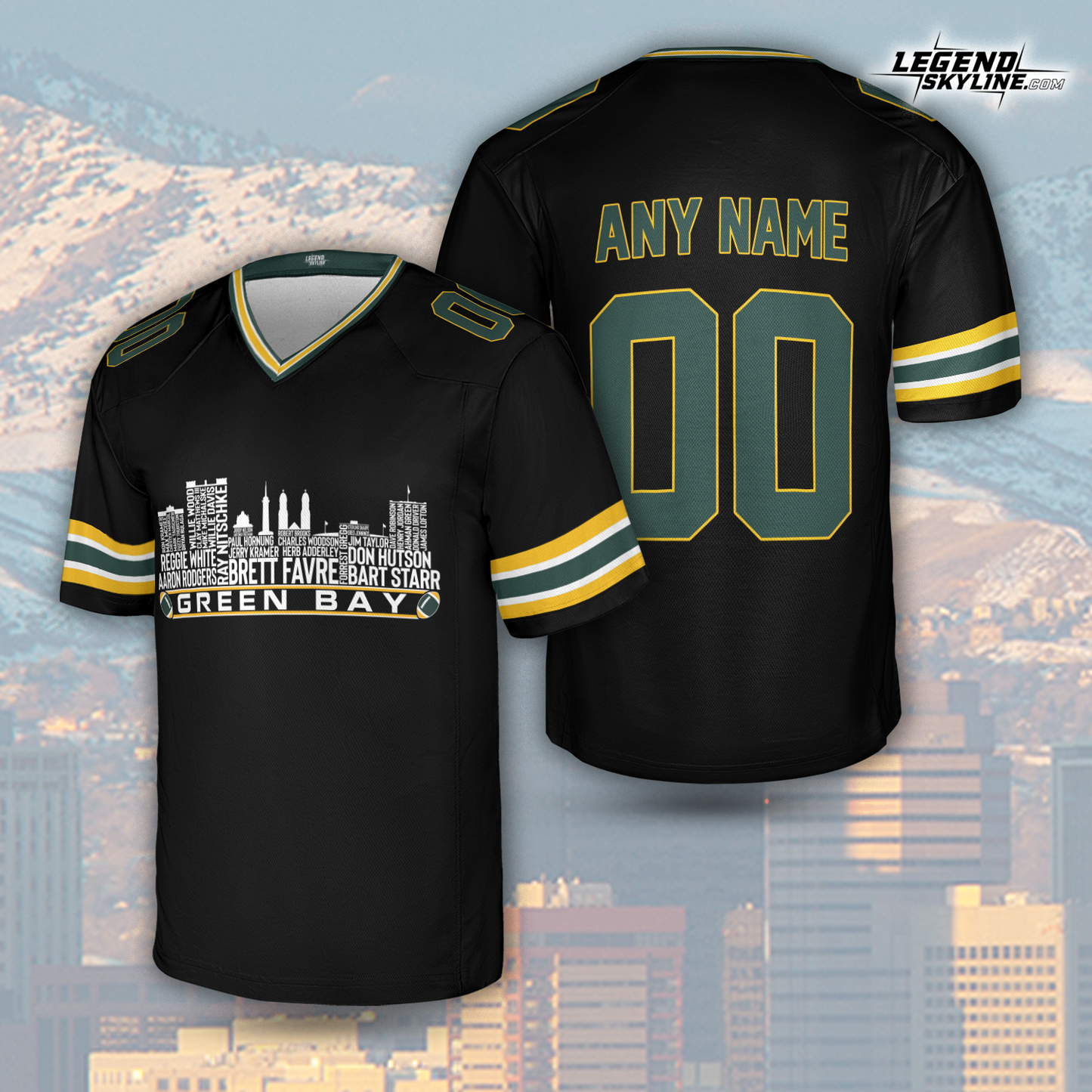 Green Bay Jersey Custom Football Greatest Of All Time Team Legends Green Bay City Skyline Jersey Shirt, Personalized Embroidery Name NumberGreen Bay