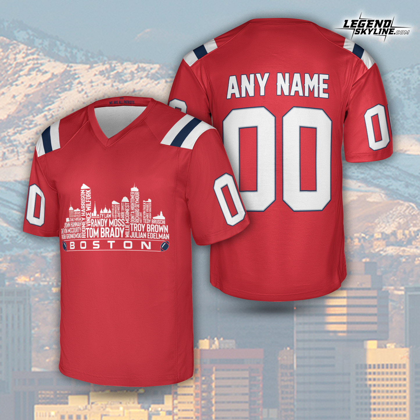 New England Jersey Custom Football Greatest Of All Time Team Legends Boston City Skyline Jersey Shirt, Personalized Embroidery Name Number