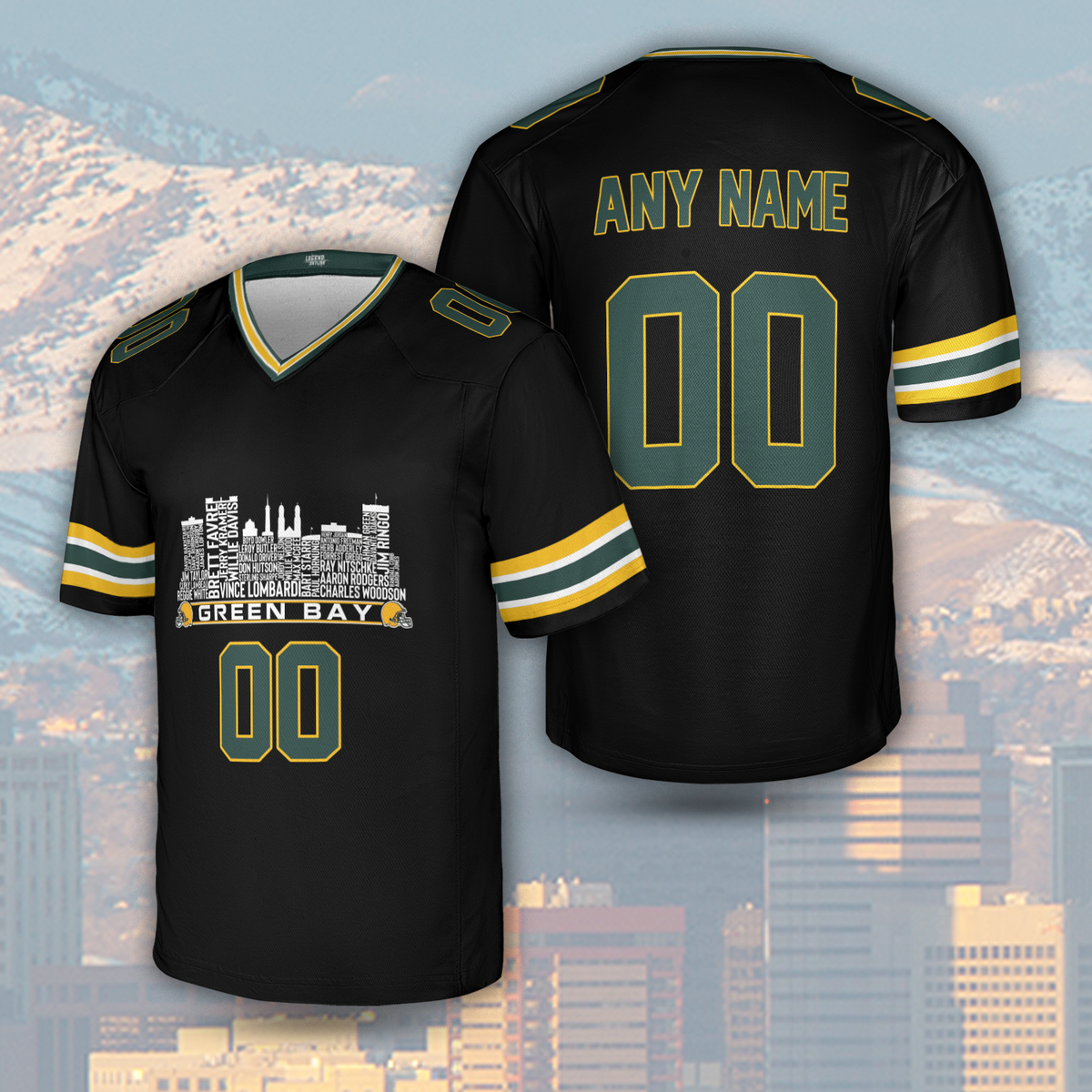 Green Bay Jersey Custom Football Greatest Of All Time Team Legends Green Bay City Skyline Jersey Shirt Personalized Embroidery Name NumberGreen Bay
