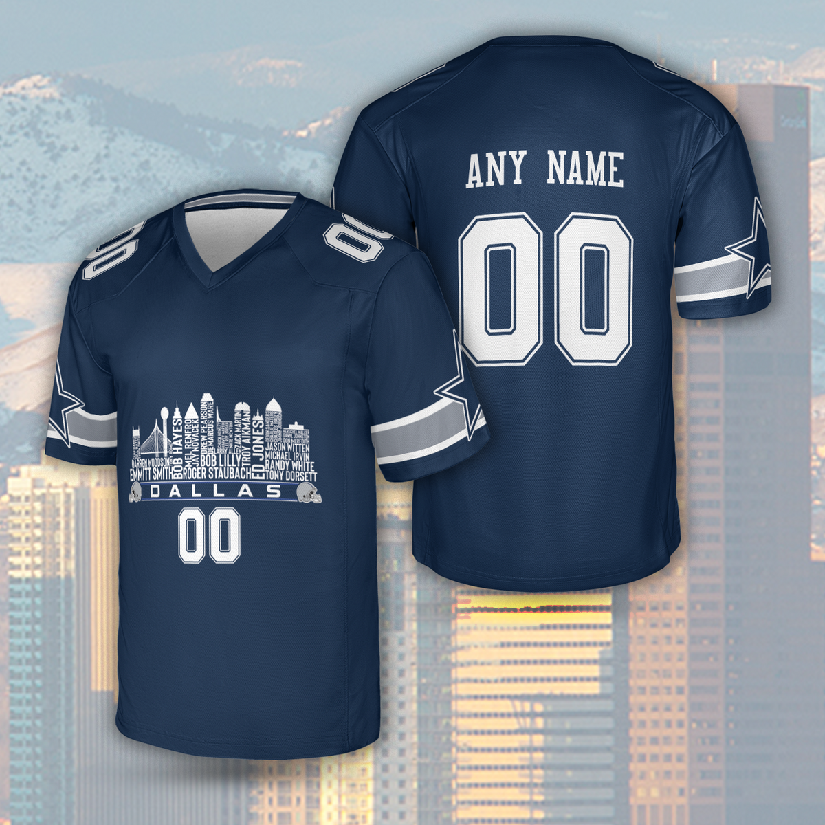 Dallas Custom Football Jersey Greatest Of All Time Team Legends Dallas City Skyline Shirt Personalized Embroidery Name Number