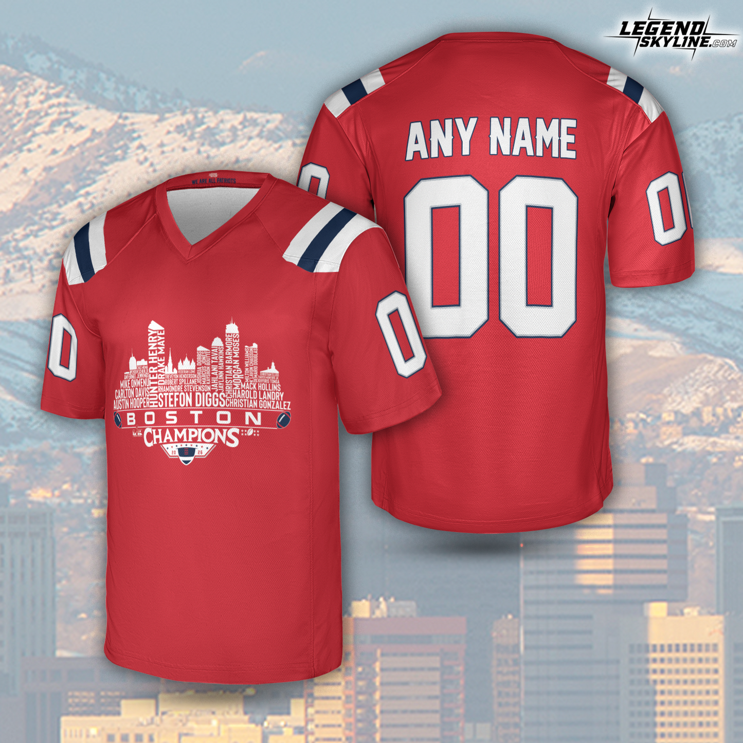 New England Custom Jersey Champions LX Football 2026 Bowl Dream Team Boston Skyline Personalized Embroidery Name Number
