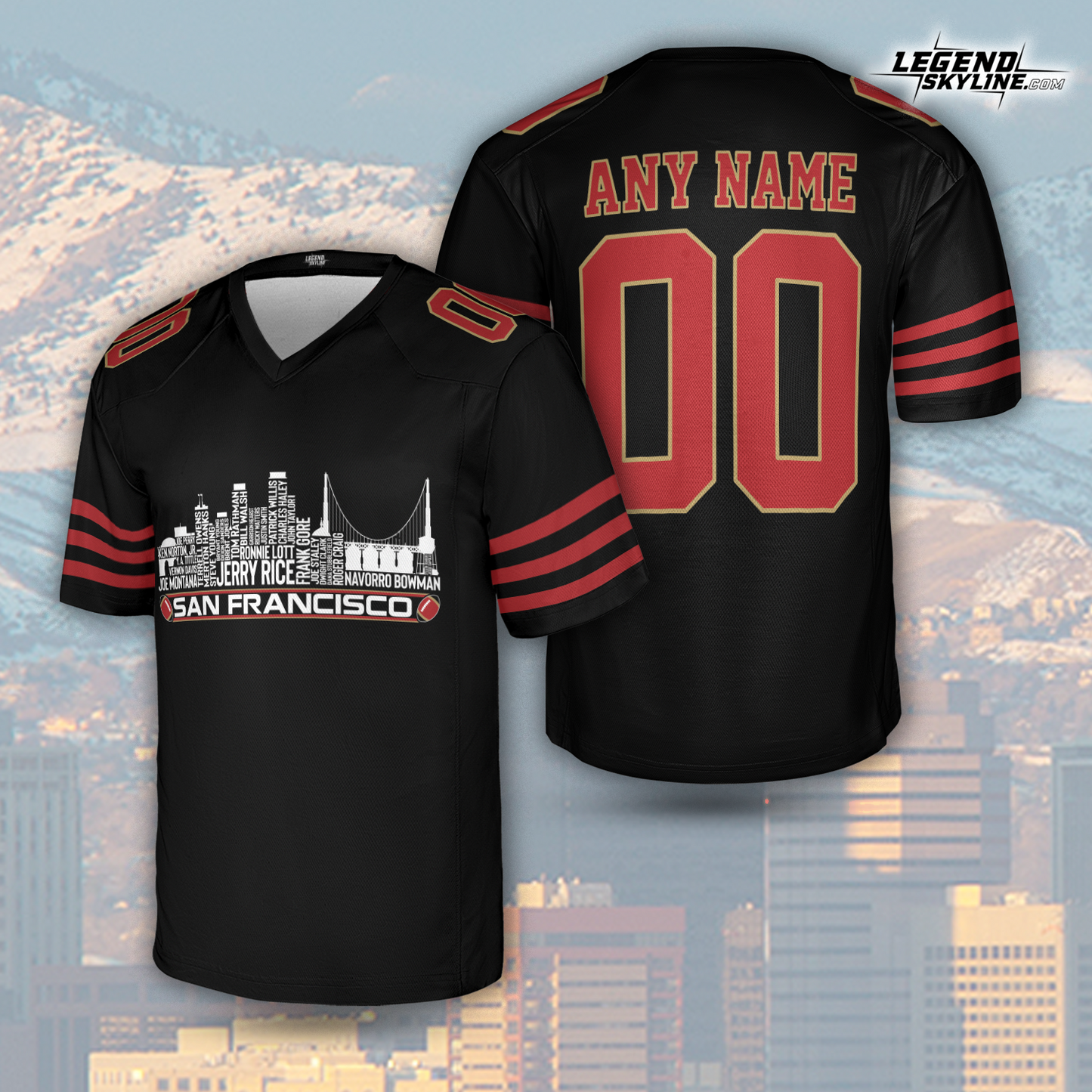 San Francisco Custom Football Jersey Greatest Of All Time Team Legends San Francisco City Skyline Shirt Personalized Embroidery Name Number