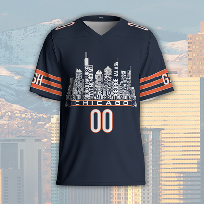 Chicago Jersey Custom Football Greatest Of All Time Team Legends Chicago City Skyline Jersey Shirt, Personalized Embroidery Name Number