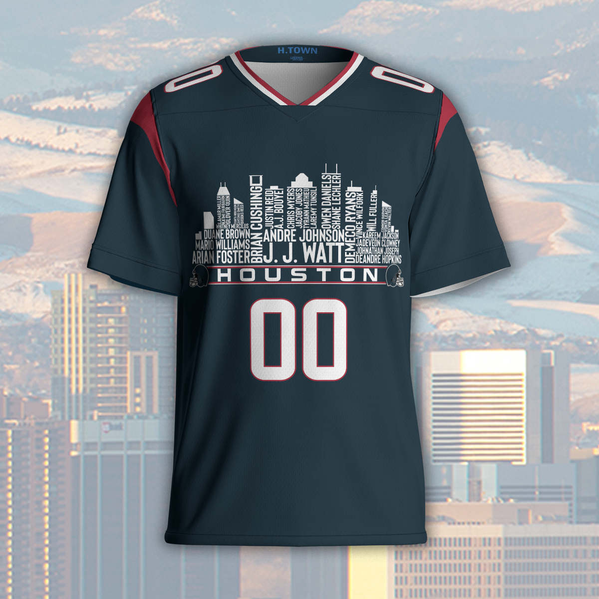 Houston Jersey Custom Football Greatest Of All Time Team Legends Houston City Skyline Jersey Shirt Personalized Embroidery Name Number