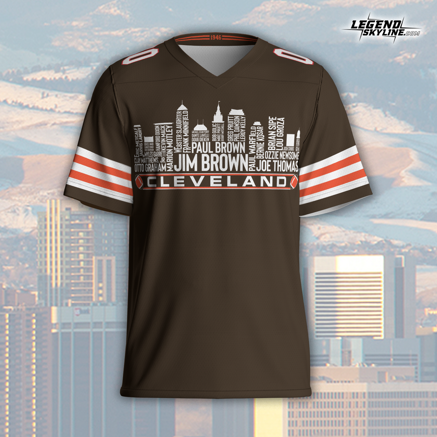 Cleveland Jersey Custom Football Greatest Of All Time Team Legends Cleveland City Skyline Jersey Shirt, Personalized Embroidery Name Number