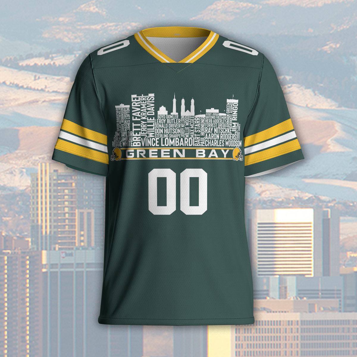 Green Bay Jersey Custom Football Greatest Of All Time Team Legends Green Bay City Skyline Jersey Shirt Personalized Embroidery Name NumberGreen Bay