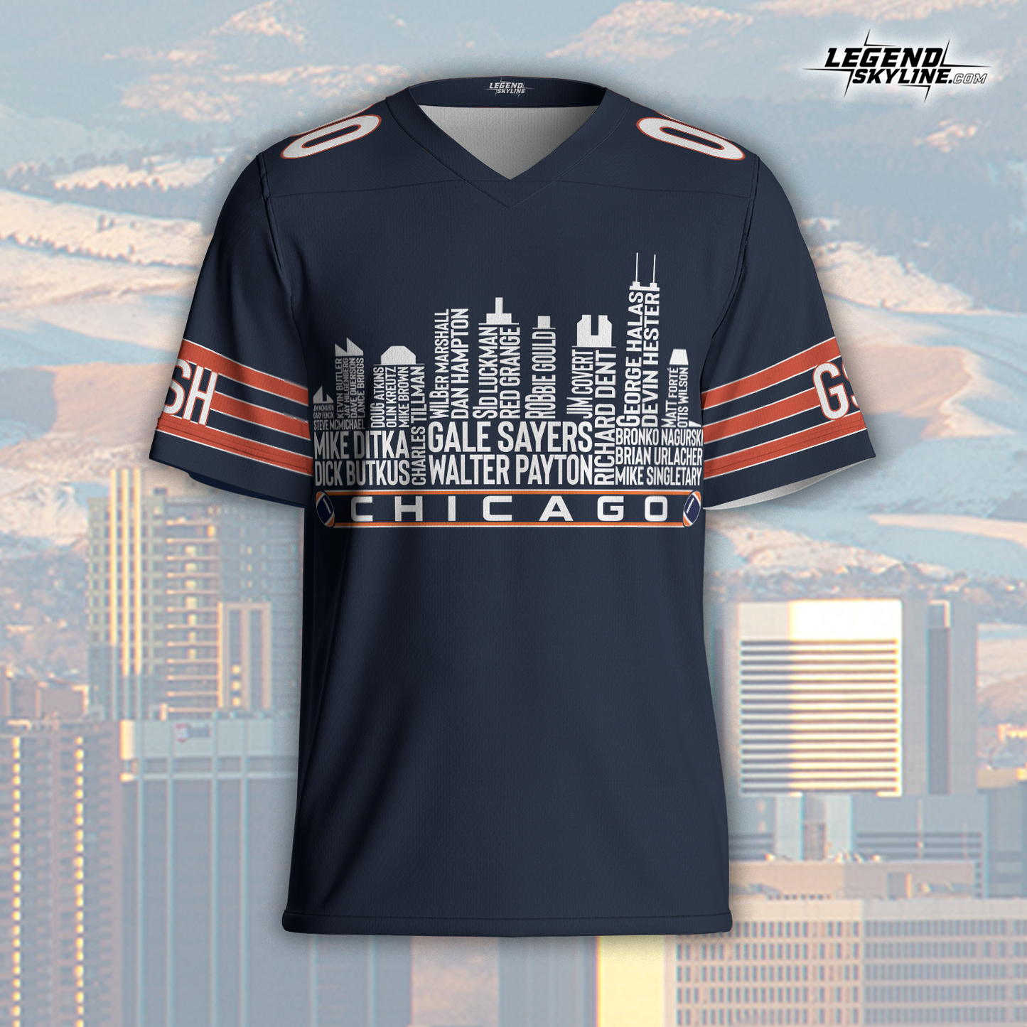 Chicago Jersey Custom Football Greatest Of All Time Team Legends Chicago City Skyline Jersey Shirt, Personalized Embroidery Name Number