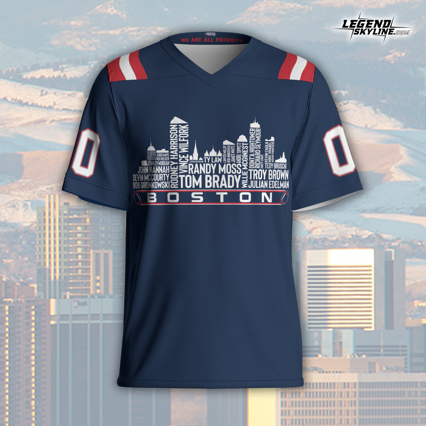 New England Jersey Custom Football Greatest Of All Time Team Legends Boston City Skyline Jersey Shirt, Personalized Embroidery Name Number