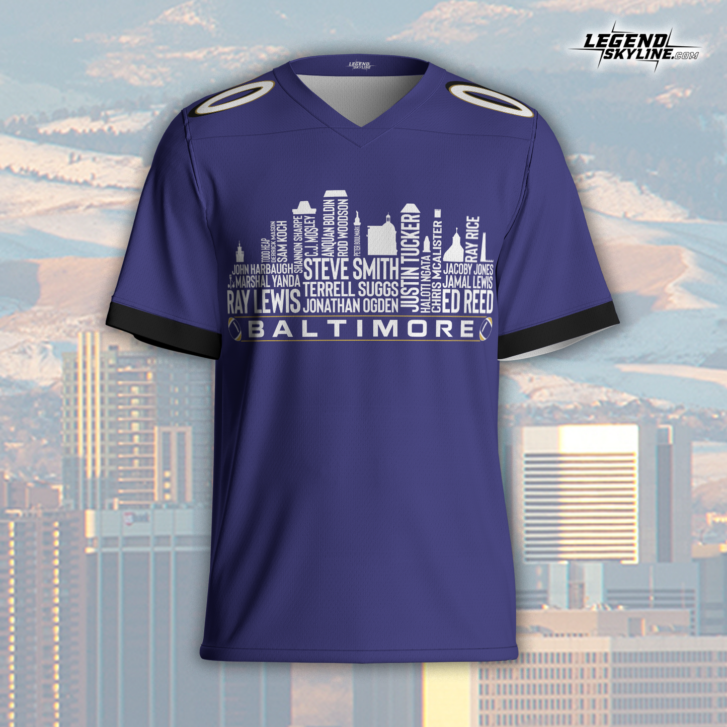 Baltimore Jersey Custom Football Greatest Of All Time Team Legends Baltimore City Skyline Jersey Shirt, Personalized Embroidery Name Number