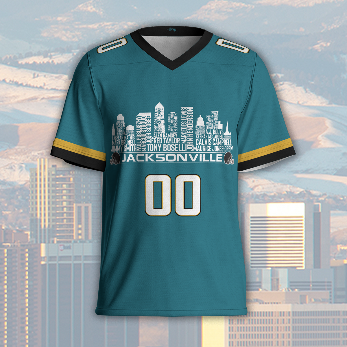 Jacksonville Jersey Custom Football Greatest Of All Time Team Legends Jacksonville City Skyline Jersey Shirt Personalized Embroidery Name Number