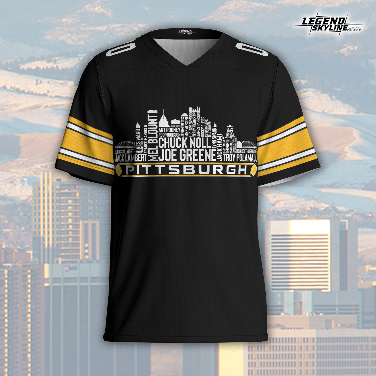 Pittsburgh Custom Football Jersey Greatest Of All Time Team Legends Pittsburgh City Skyline Shirt Personalized Embroidery Name Number