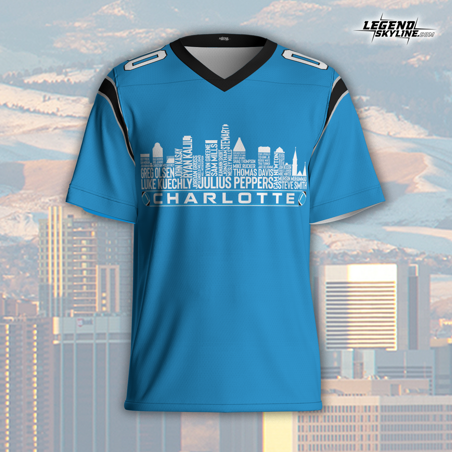 Carolina Jersey Custom Football Greatest Of All Time Team Legends Charlotte City Skyline Jersey Shirt, Personalized Embroidery Name Number