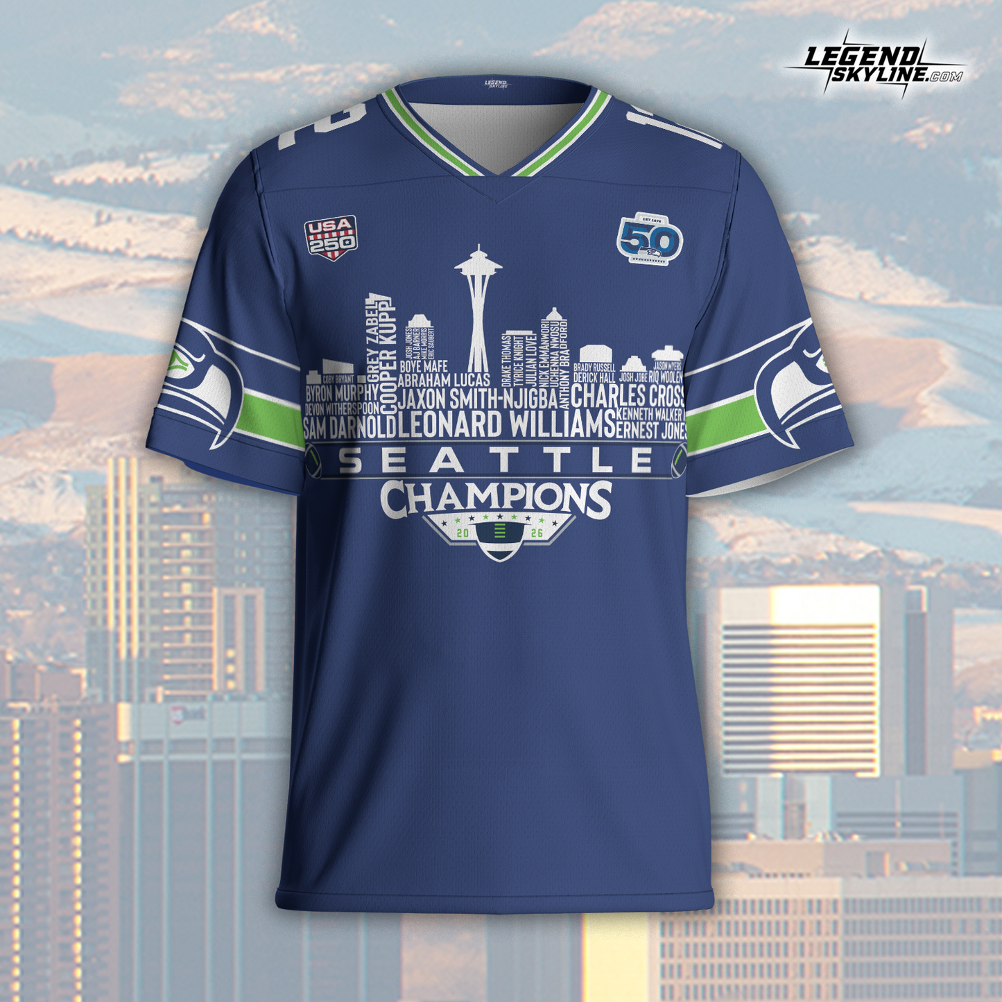 Seattle Custom Blue Jersey Champions LX Football 2026 Bowl Dream Team Seattle Skyline Personalized Embroidery Name Number