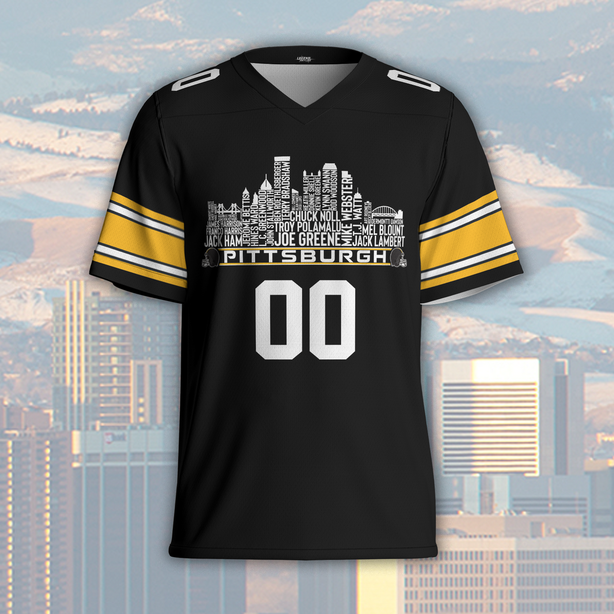 Pittsburgh Custom Football Jersey Greatest Of All Time Team Legends Pittsburgh City Skyline Shirt Personalized Embroidery Name Number
