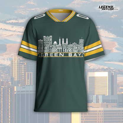 Green Bay Jersey Custom Football Greatest Of All Time Team Legends Green Bay City Skyline Jersey Shirt, Personalized Embroidery Name NumberGreen Bay