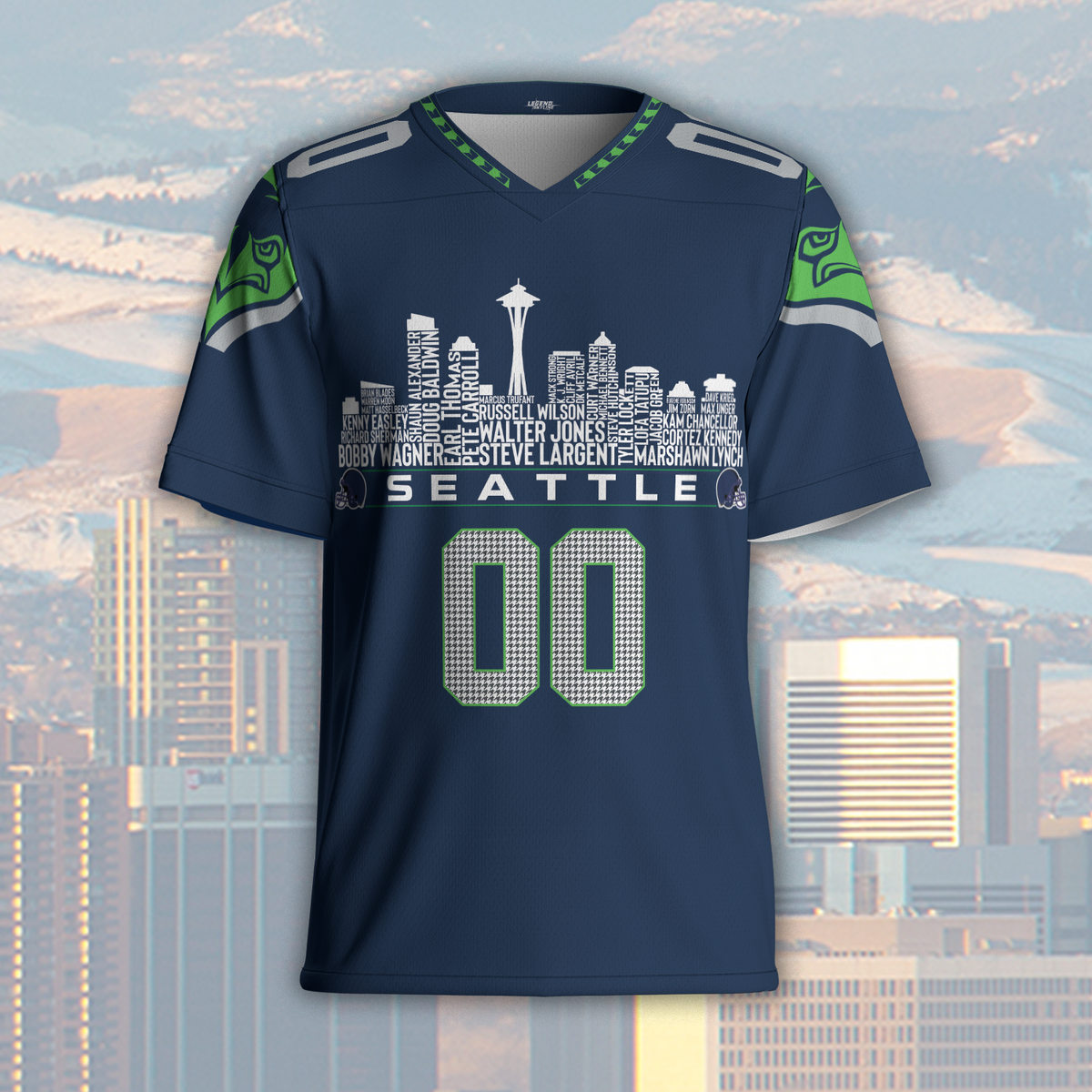 Seattle Custom Football Jersey Greatest Of All Time Team Legends Seattle City Skyline Shirt Personalized Embroidery Name Number