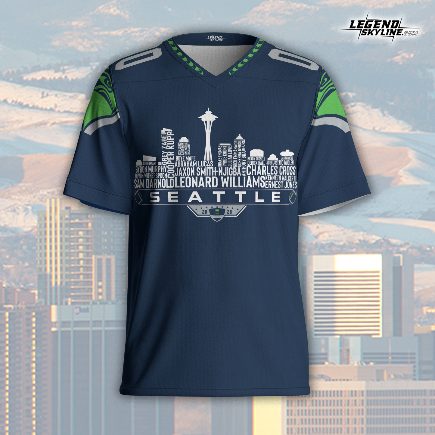 Seattle Football Jersey Custom Legacy Roster 2025 Seattle City Skyline Personalized Embroidery Name Number Shirts