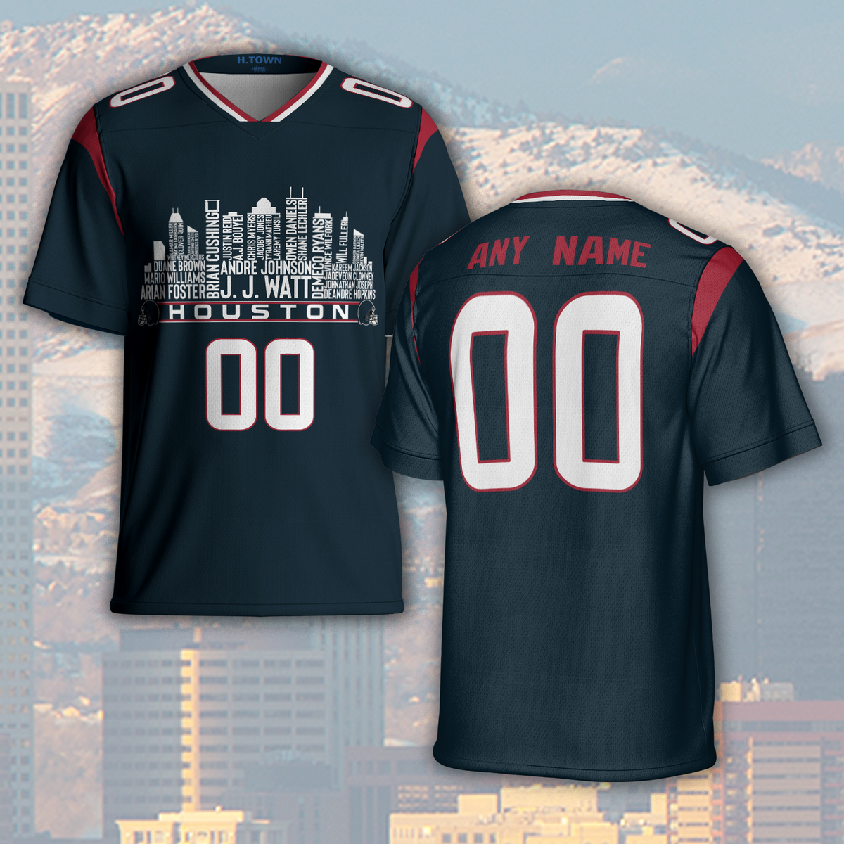 Houston Jersey Custom Football Greatest Of All Time Team Legends Houston City Skyline Jersey Shirt Personalized Embroidery Name Number