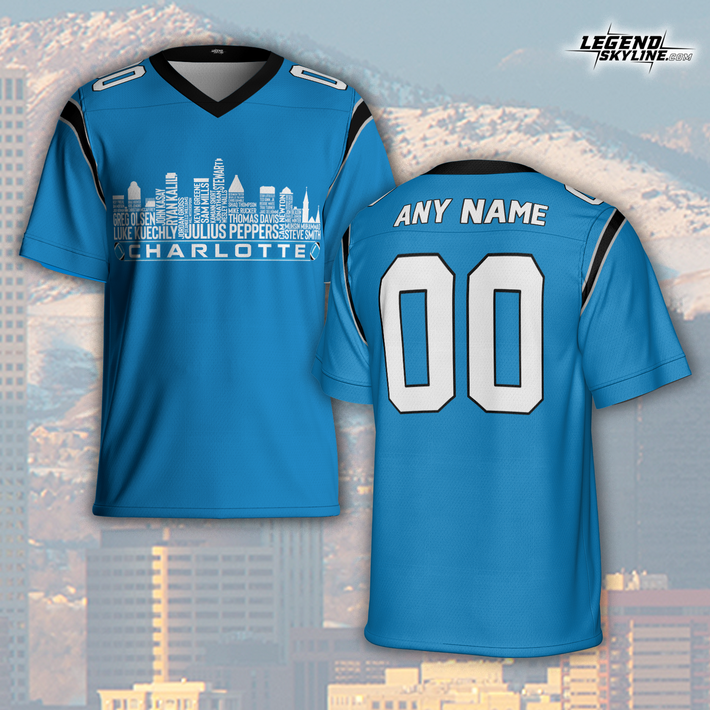 Carolina Jersey Custom Football Greatest Of All Time Team Legends Charlotte City Skyline Jersey Shirt, Personalized Embroidery Name Number