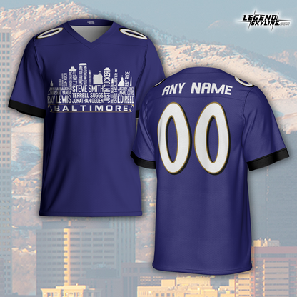 Baltimore Jersey Custom Football Greatest Of All Time Team Legends Baltimore City Skyline Jersey Shirt, Personalized Embroidery Name Number