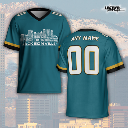 Jacksonville Jersey Custom Football Greatest Of All Time Team Legends Jacksonville City Skyline Jersey Shirt, Personalized Embroidery Name Number
