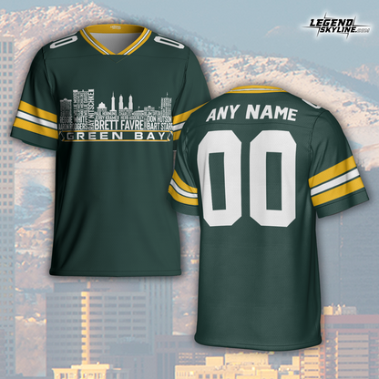 Green Bay Jersey Custom Football Greatest Of All Time Team Legends Green Bay City Skyline Jersey Shirt, Personalized Embroidery Name NumberGreen Bay