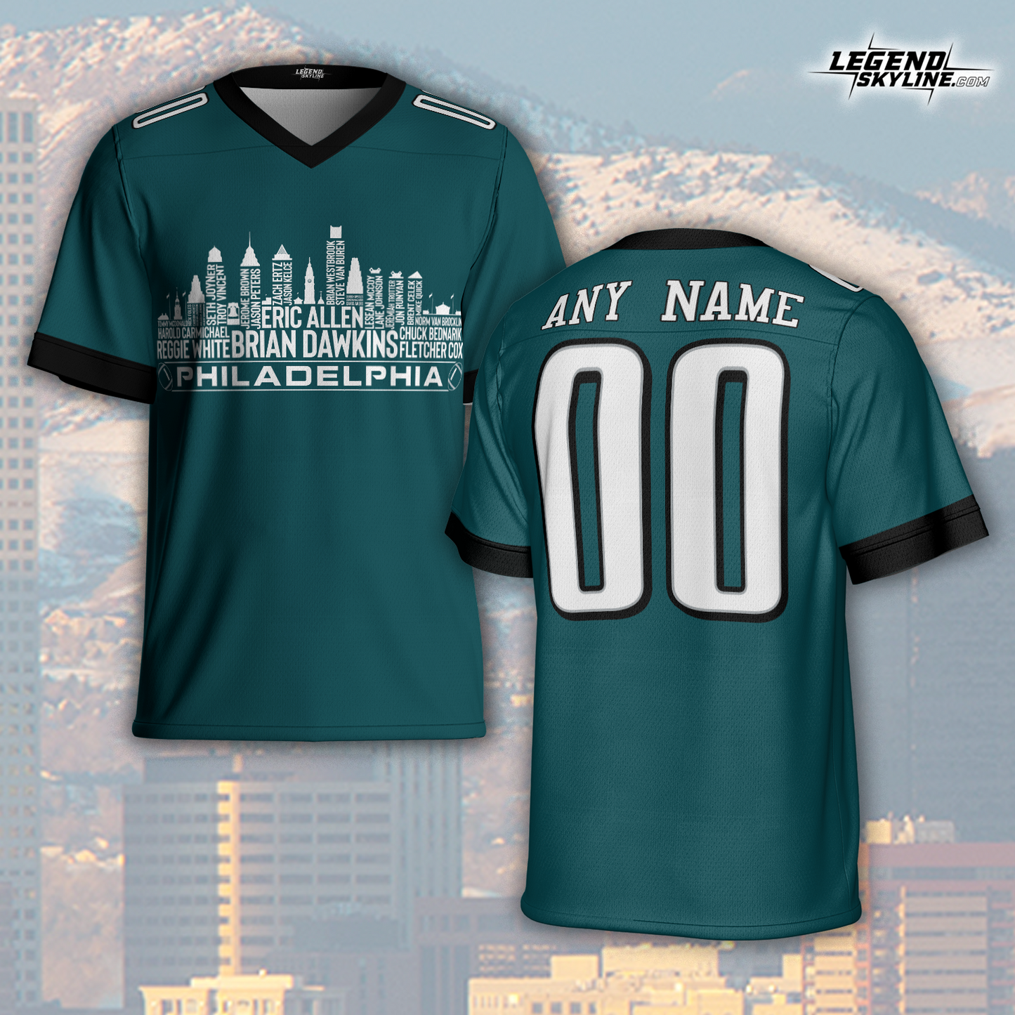 Philadelphia Custom Football Jersey Greatest Of All Time Team Legends, Philadelphia City Skyline Shirt, Personalized Embroidery Name Number