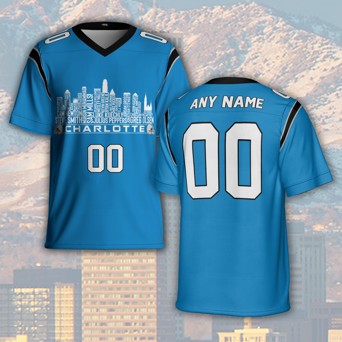 Carolina Jersey Custom Football Greatest Of All Time Team Legends Charlotte City Skyline Jersey Shirt Personalized Embroidery Name Number