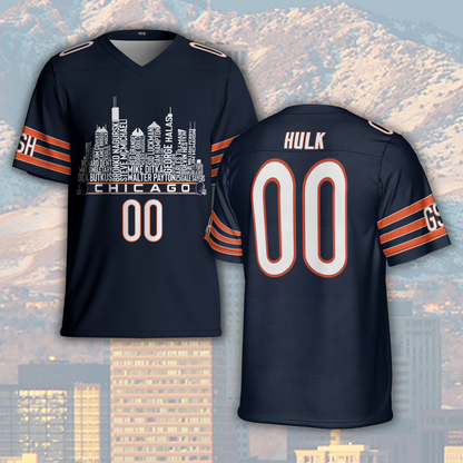 Chicago Jersey Custom Football Greatest Of All Time Team Legends Chicago City Skyline Jersey Shirt, Personalized Embroidery Name Number