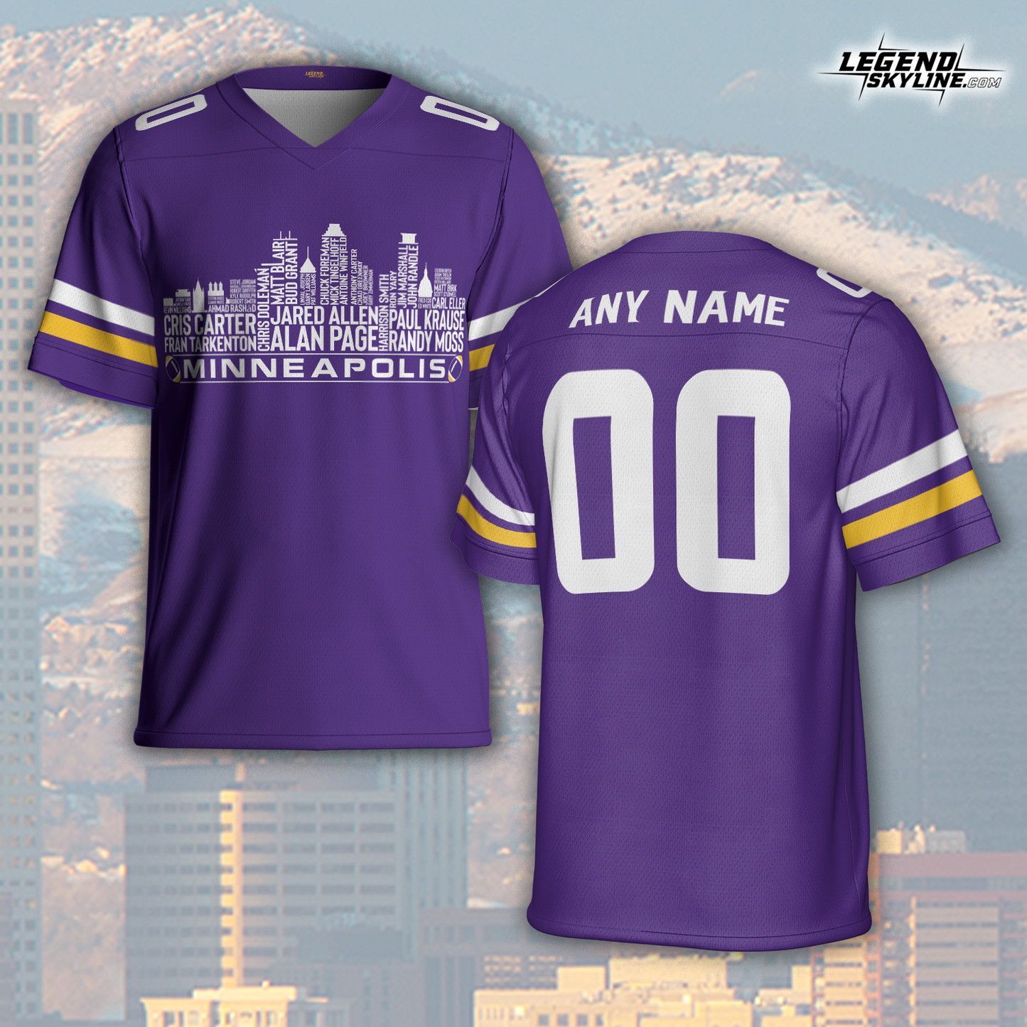 Minnesota Jersey Custom Football Greatest Of All Time Team Legends Minnesota City Skyline Jersey Shirt, Personalized Embroidery Name Number