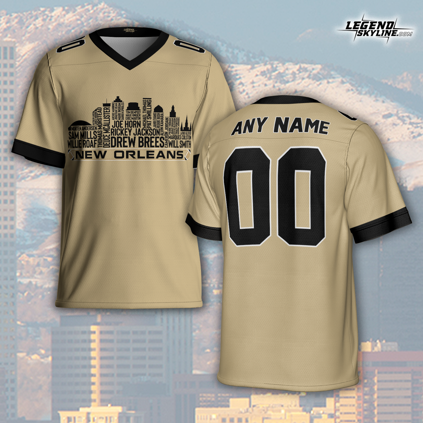New Orleans Jersey Custom Football Greatest Of All Time Team Legends New Orleans City Skyline Jersey Shirt, Personalized Embroidery Name Number
