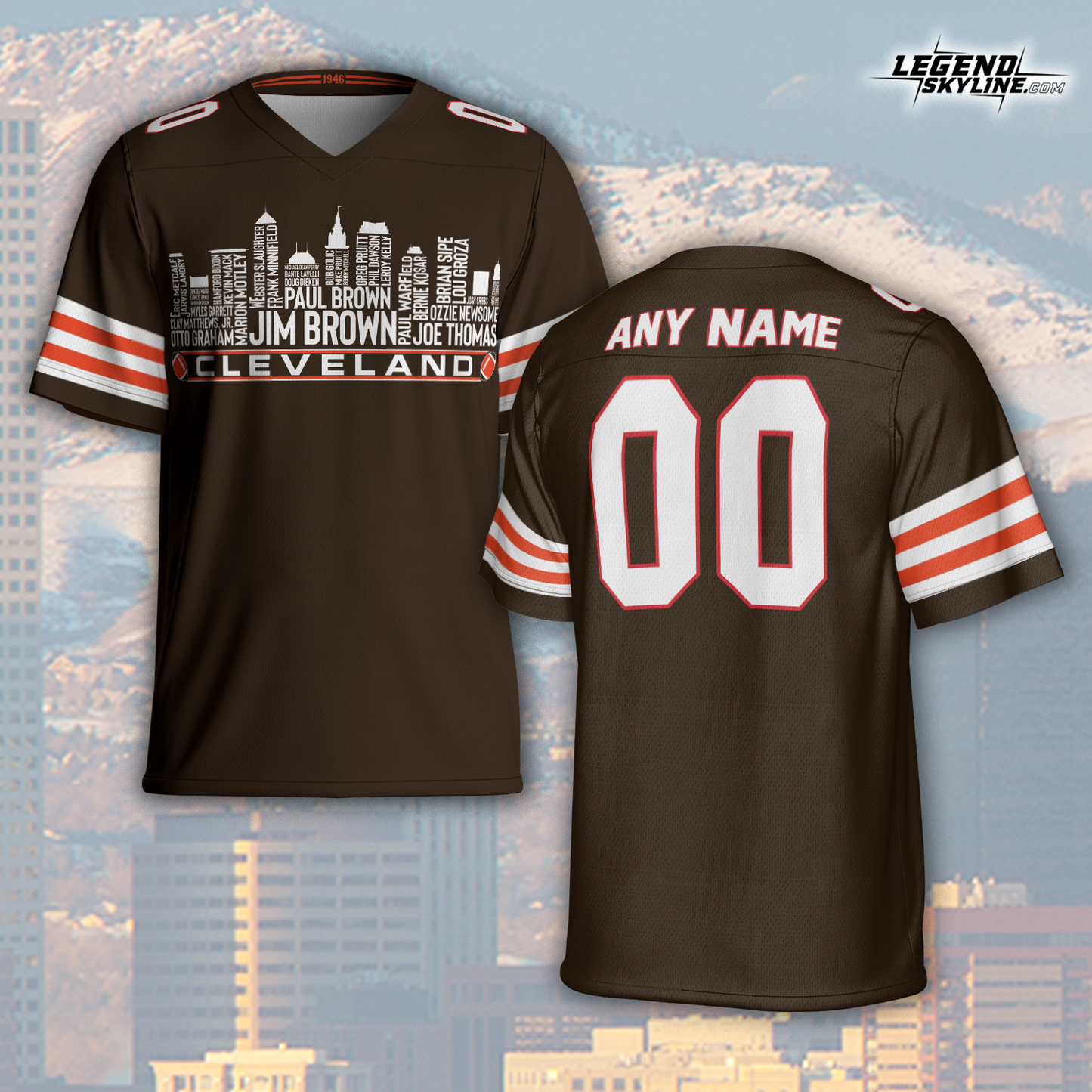 Cleveland Jersey Custom Football Greatest Of All Time Team Legends Cleveland City Skyline Jersey Shirt, Personalized Embroidery Name Number